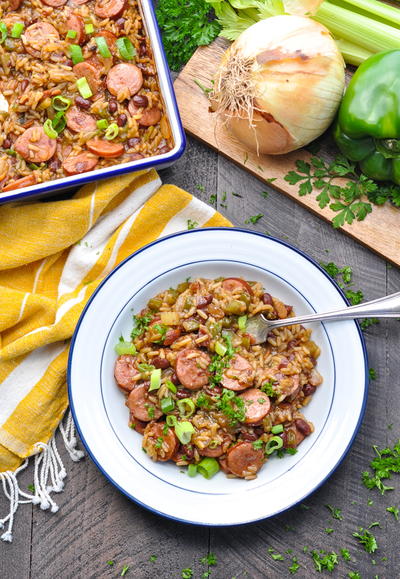 Dump-and-Bake Sausage, Red Beans and Rice Casserole