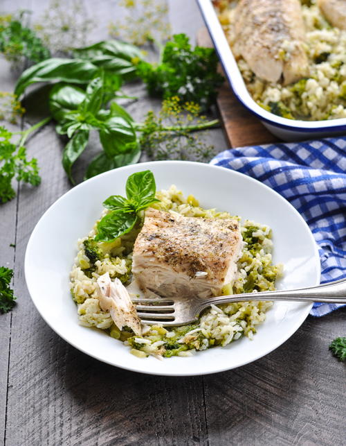 Dump-and-Bake Italian Fish with Broccoli and Rice