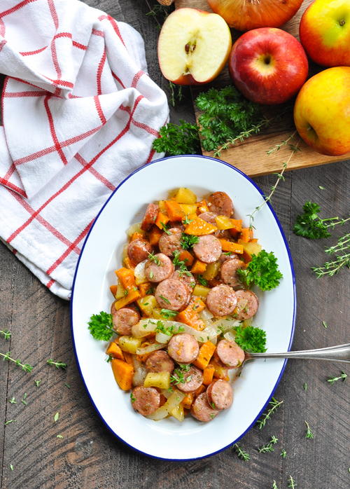 Dump and Bake Sausage Apples and Sweet Potatoes