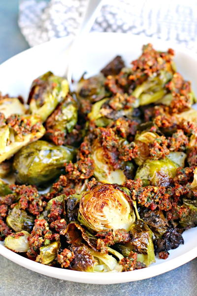 Pesto Brussels Sprouts with Sun Dried Tomatoes