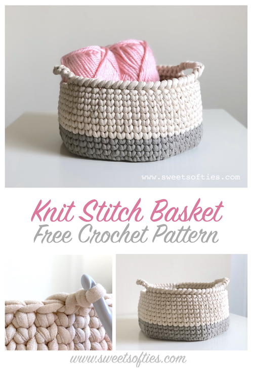 Two-Toned Knit Stitch Crochet Basket with Handles