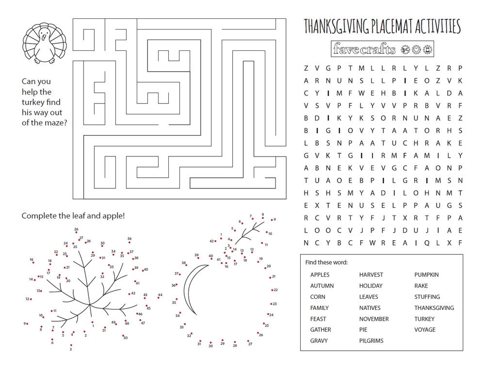 Download Printable Activity Placemats for Thanksgiving | FaveCrafts.com