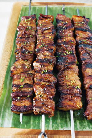 Grilled Pork Belly Skewers with Coffee and Ginger Beer Glaze