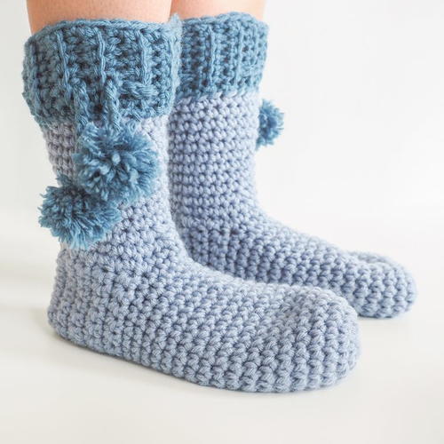Pom Pom Slipper Socks Crochet Pattern | AllFreeCrochet.com