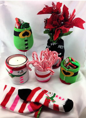 More DIY Christmas Sock Cozies Candy Dishes and Candles | FaveCrafts.com