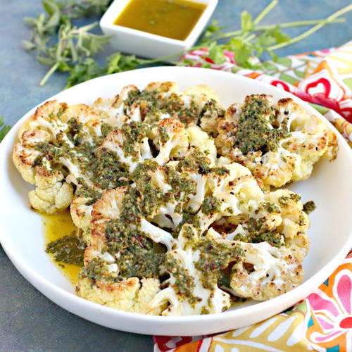 Roasted Cauliflower Steaks with Chimichurri | FaveHealthyRecipes.com