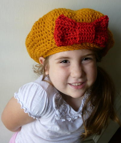 Red and Gold Crochet Bow Beret