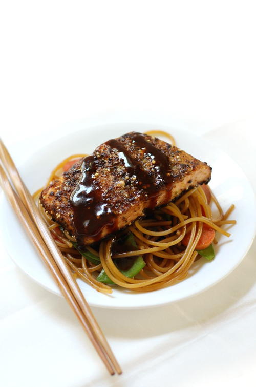 Citrus Ginger Salmon with Sticky Garlic Noodles
