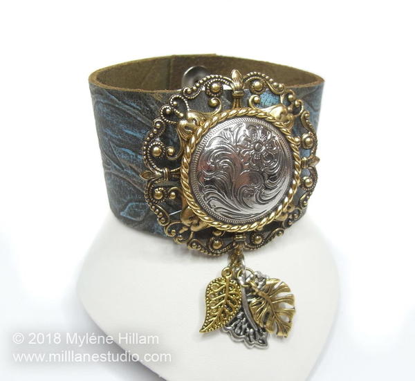Embossed Leather Cuff with Concho Detail