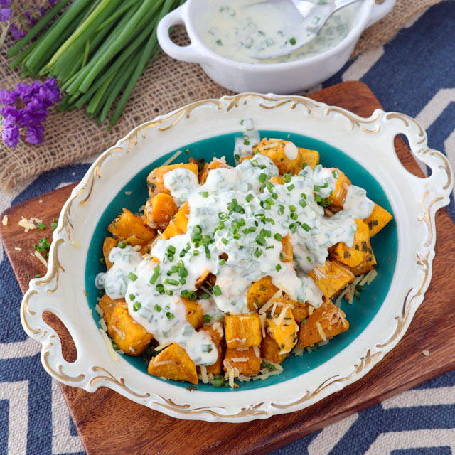Baked Sweet Potato Cubes with Parmesan and Sour Cream-Chives Dip