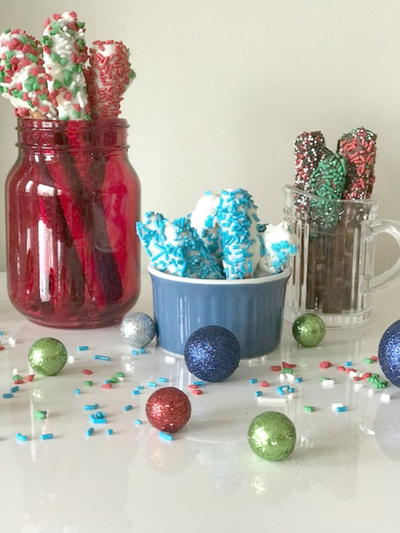 Chocolate Covered Holiday Pretzel Rods