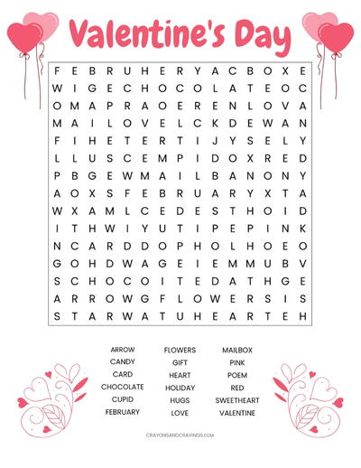 Valentine’s Day Word Search Printable Worksheet