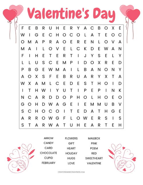 Valentine’s Day Word Search Printable Worksheet