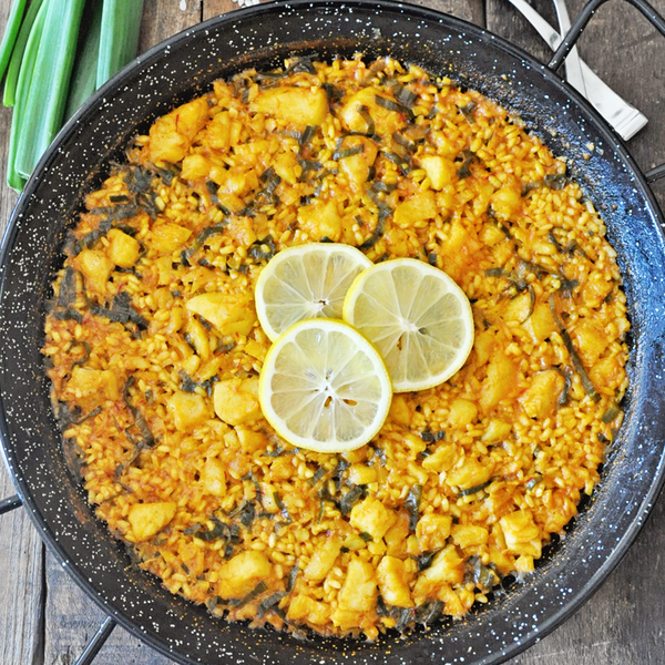 The Most Incredible Spanish Paella with Cod and Scallions