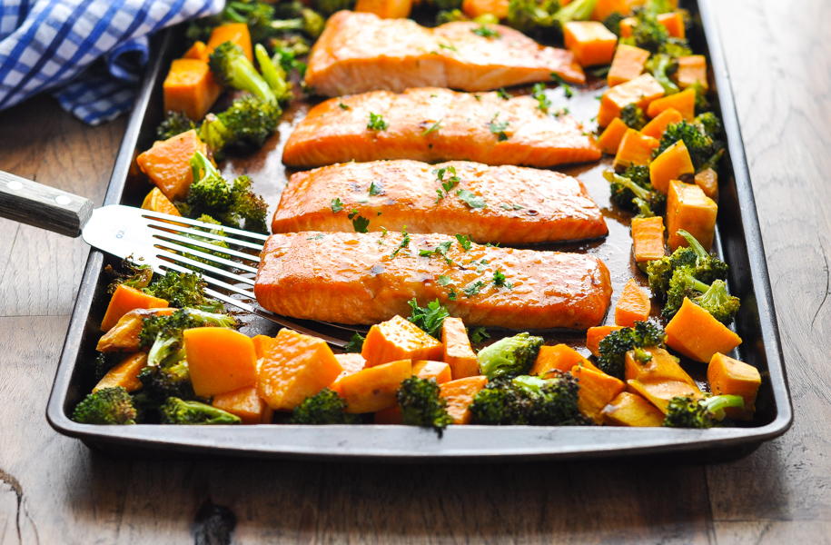 Sheet Pan Dinner Maple Glazed Salmon with Sweet Potatoes and Broccoli