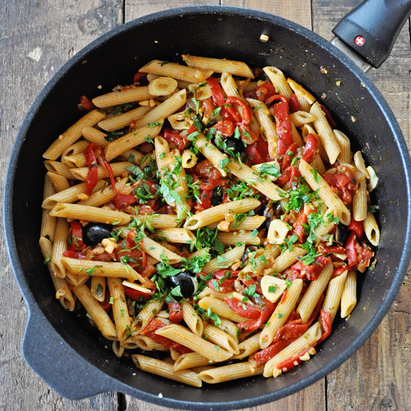 Spanish Pasta with Roasted Peppers and Marcona Almonds