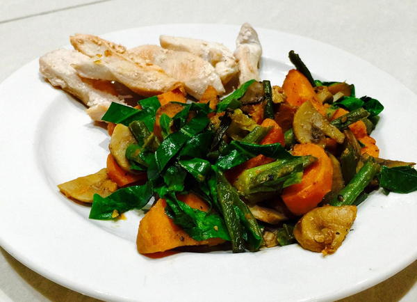 Sweet Potatoes with Mushrooms Green Beans and Green Leaves
