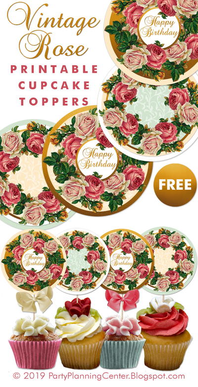 Printable Vintage Rose Cupcake Toppers