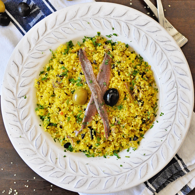 Saffron Couscous with Spanish Olives and Anchovies