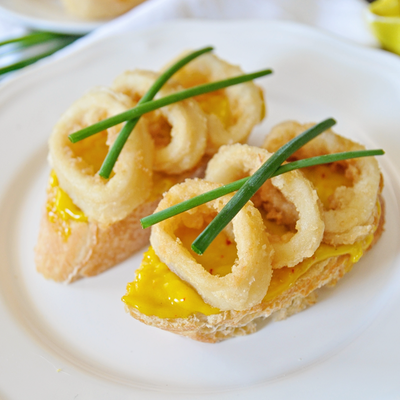 Open-Faced Fried Calamari Sandwiches with Saffron Aioli