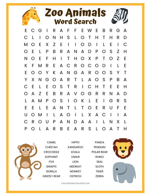 Zoo Animals Word Search