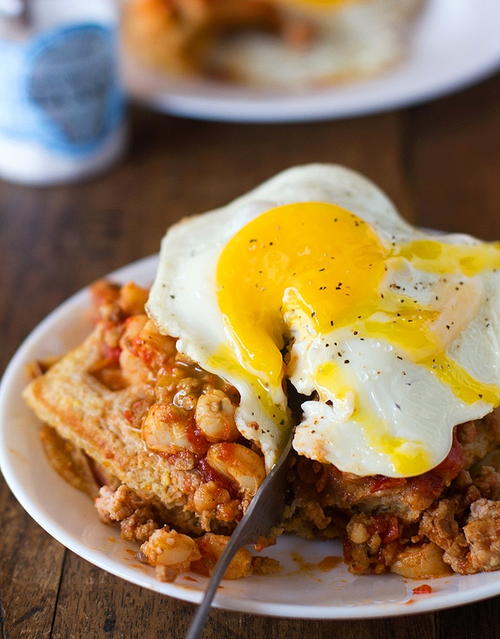 Diner Style Chili Egg and Cornbread Waffles