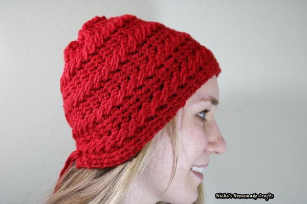 Shortened Cable Stitch Lace Up Crochet Beanie