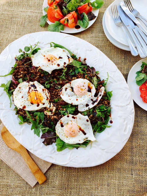 Brown and Green Lentils with Portobello Mushrooms Wasabi Rocket and Watercress Hearty Salad