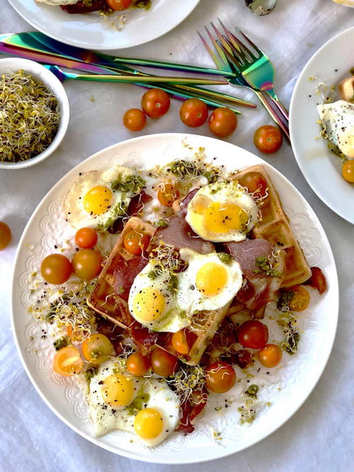 Waffle Quail Eggs Bacon and Maple Syrup Lush Breakfast