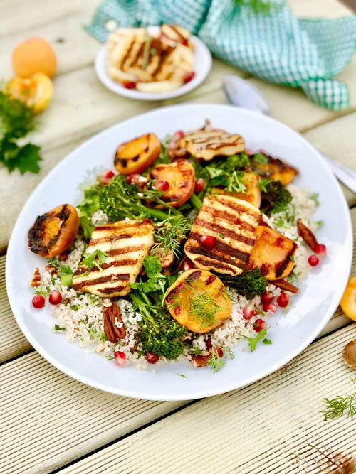 Herby Barley Couscous with Chipotle Halloumi and Grilled Apricotss