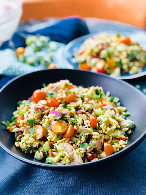 Shredded Roast Chicken with Pesto Crudits Bits and Orzo Summer Salad