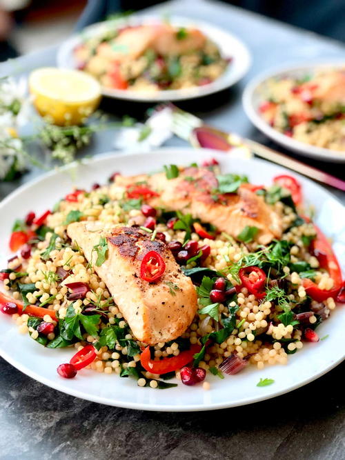 Swiss Chard Salmon Turmeric and Fresh Lovage Warm Salad with Acini DE Pepe Pasta