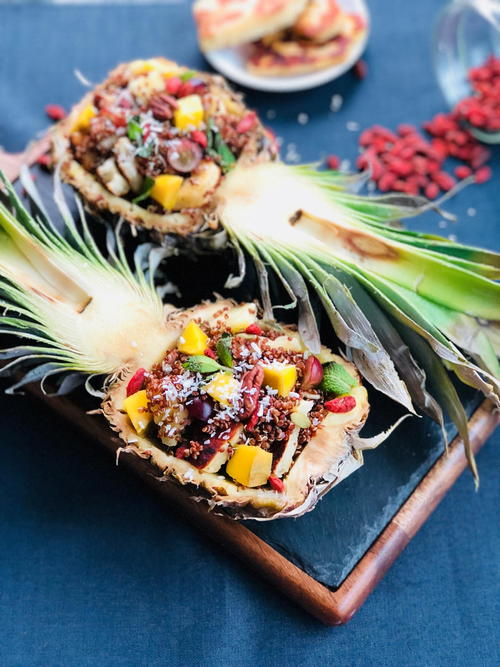 Red Quinoa Pineapple Mango Cocconut and Halloumi Cheese Salad