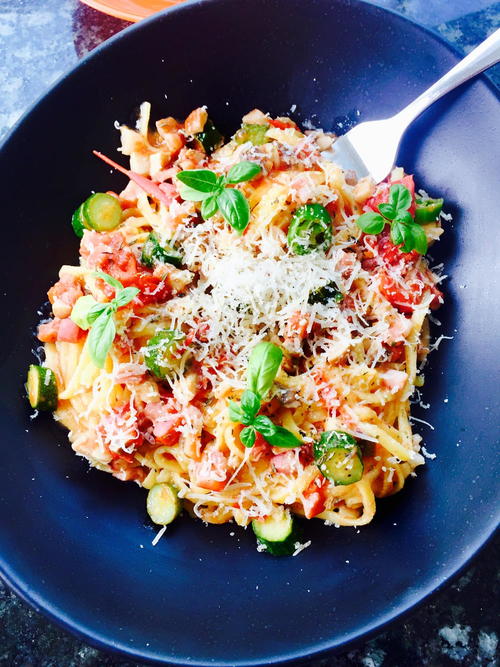 Baby Courgette Chestnut Mushrooms and Pancetta Linguini