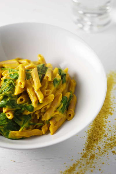 Red Lentil Pasta with Pumpkin Alfredo and Fresh Spinach