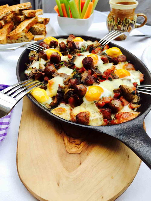 Quail Eggs Mushrooms and Bacon Breakfast