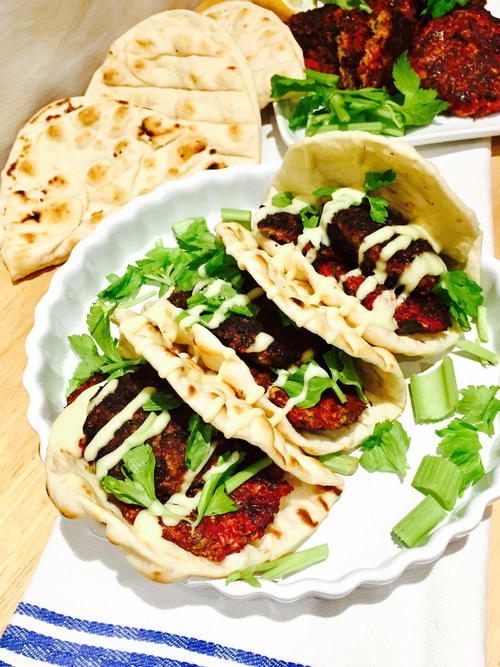 Beetroot and Halloumi Cheese Burgers on Flat Bread