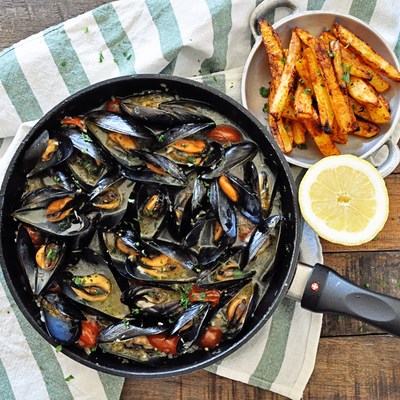 Drunken Mussels with Paprika Garlic French Fries