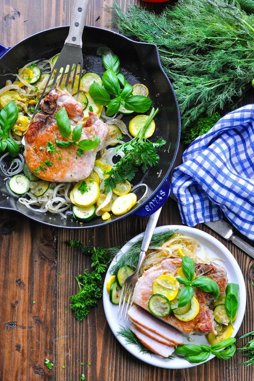 Skillet Pork Chops with Zucchini and Squash