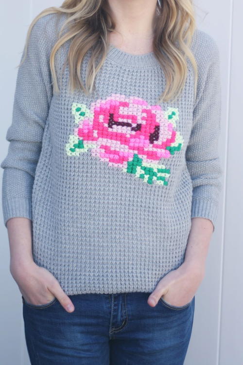 DIY Floral Cross-Stitch Sweater