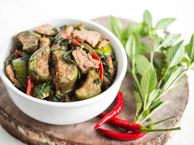 Eggplant Stir-Fried with Thai Basil Leaves & Salted Soy Beans