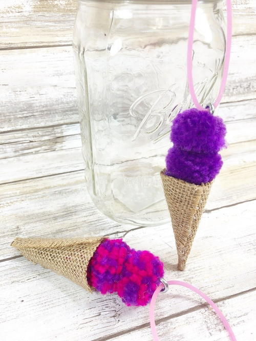 Pom POM and Burlap Ice Cream Cone Necklace