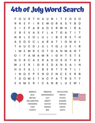 4th of July Word Search Free Printable