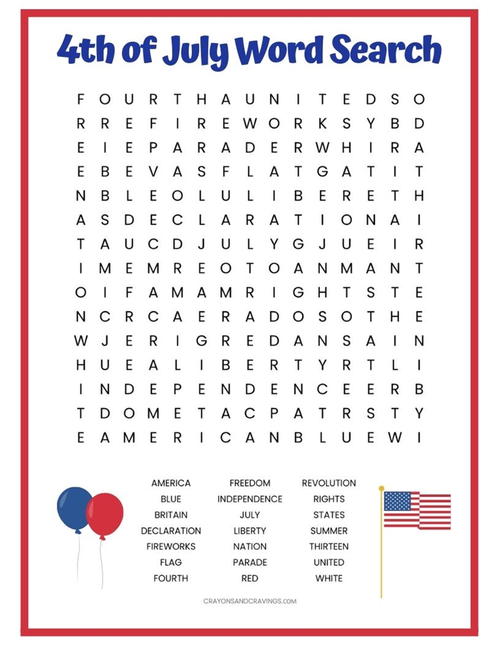 4th of July Word Search Free Printable