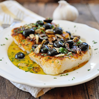 Pan Grilled Paprika Cod with Olives & Garlic