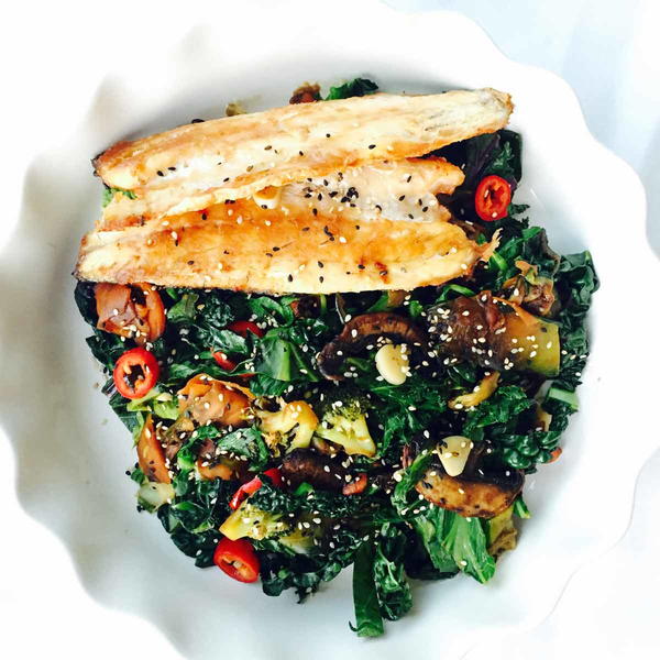 Cavolo Nero and Kale Sea Bass Stir Fry