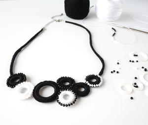 Black and White Beaded Crochet Ring Necklace