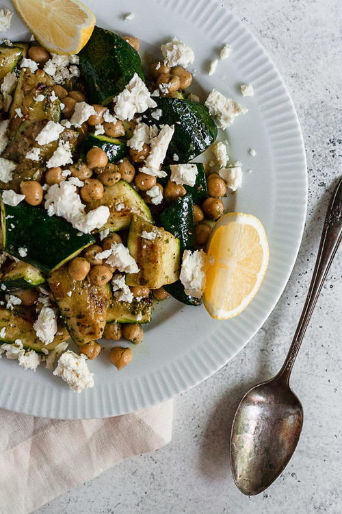 Mediterranean Grilled Zucchini with Chickpeas, Pesto, and Feta