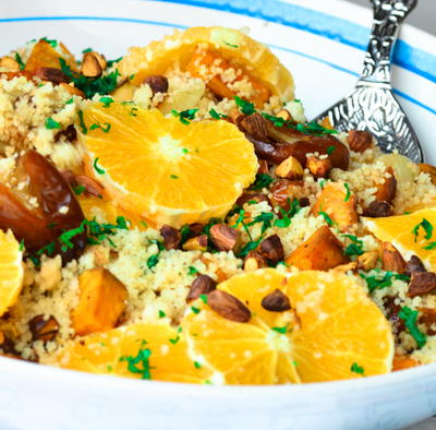 Couscous Salad with Roasted Sweet Potatoes and Fried Dates