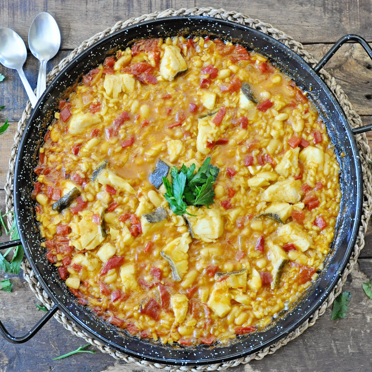 Spanish Arroz Empedrado Rice with White Beans and Cod